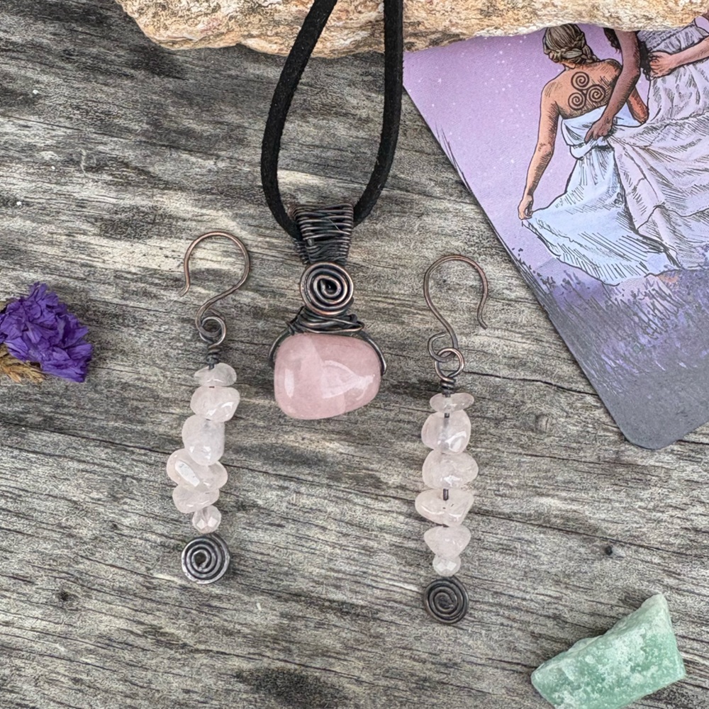 Jewelry Set Rose Quartz Crystal Oxidized Wire Wrapped Necklace & Earrings
